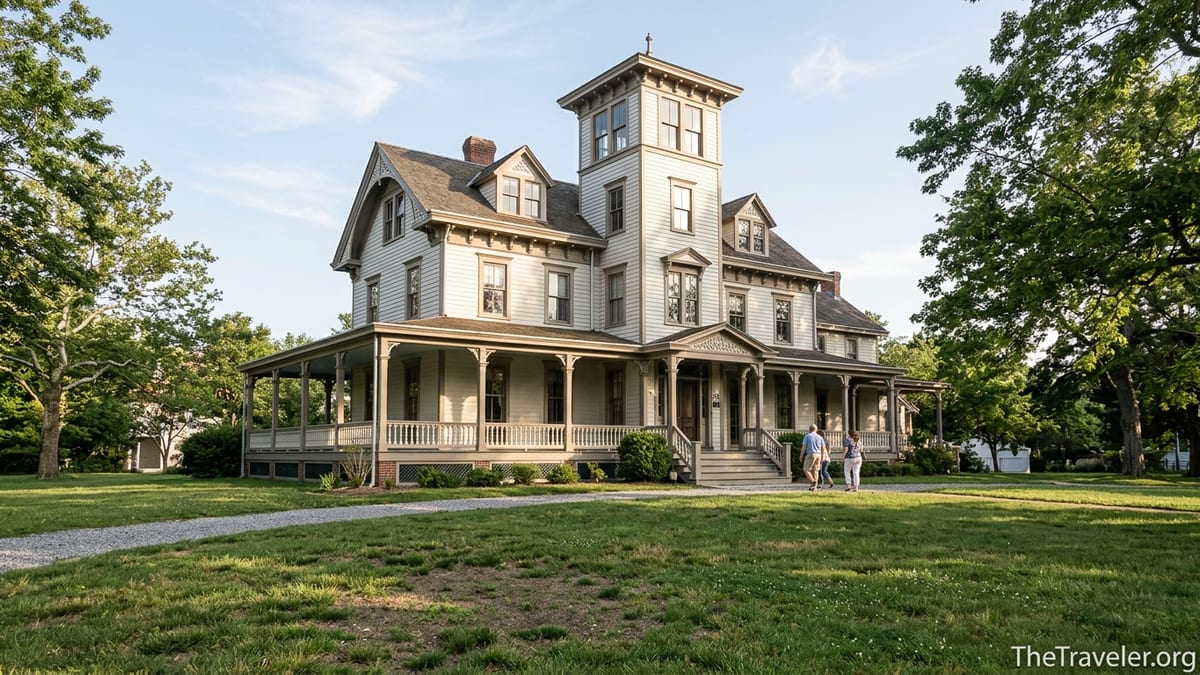 Victorian Emlen Physick Estate in Cape May seen from the front lawn on a sunny afternoon.