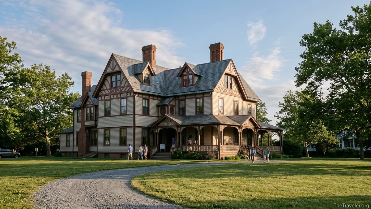 Victorian Stick Style Emlen Physick Estate in Cape May seen across its front lawn at golden hour