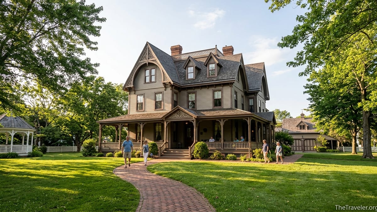 Emlen Physick Estate Victorian mansion in Cape May with visitors walking across the sunny lawn.