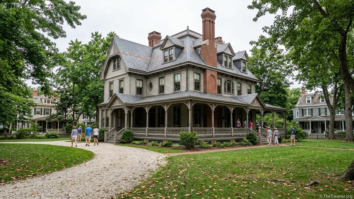 Victorian Emlen Physick Estate in Cape May with visitors walking up the front path on an overcast day.