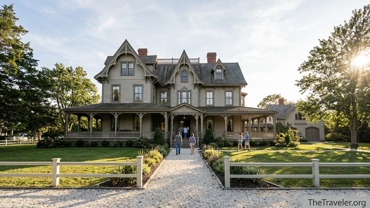 Emlen Physick Estate Victorian mansion in Cape May on a sunny afternoon with visitors on the path