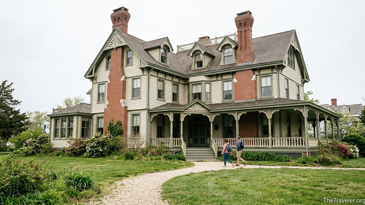 Wide view of the Emlen Physick Estate Victorian mansion in Cape May with visitors walking up the front path.
