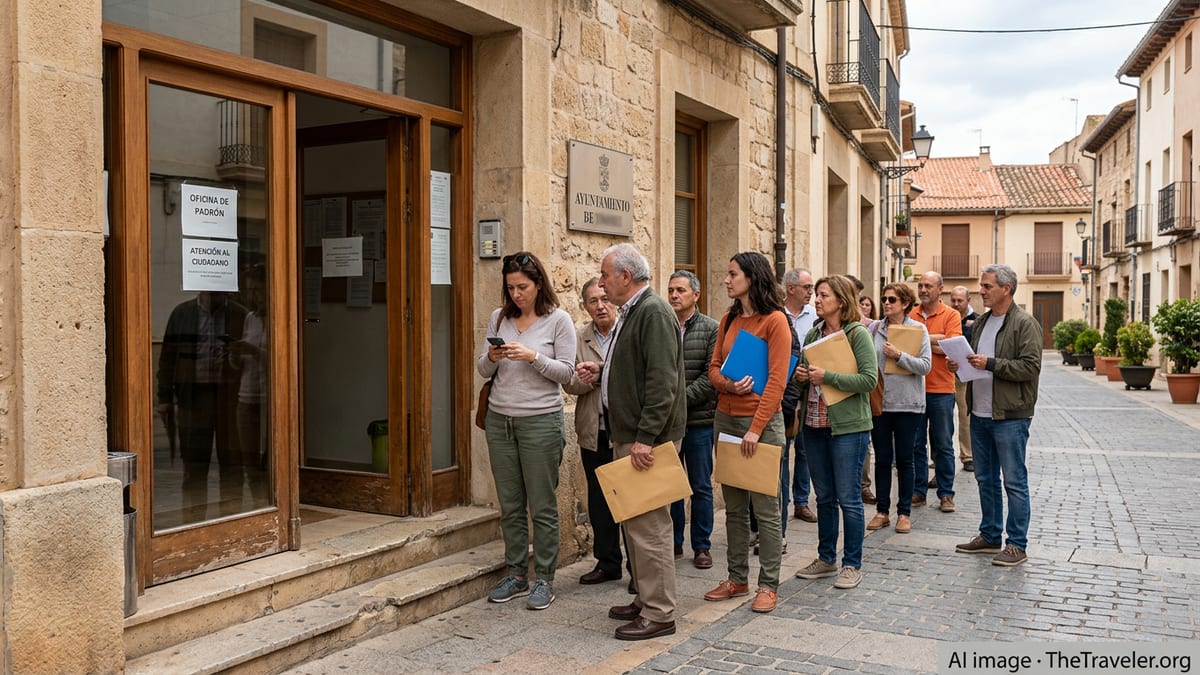 People waiting outside a Spanish city hall entrance to register on the municipal padrón.