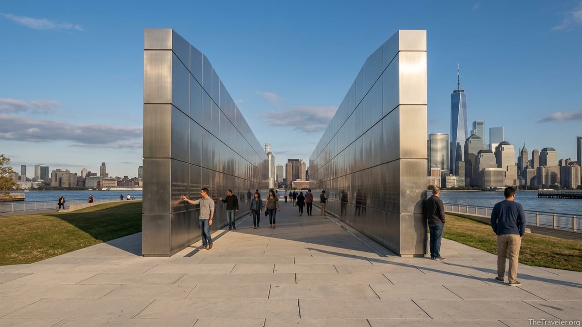 Visitors walking through the Empty Sky Memorial corridor toward the Lower Manhattan skyline at sunset.