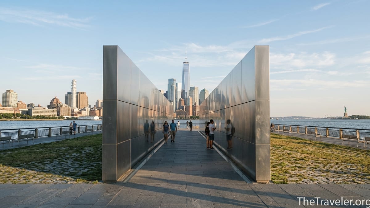 Empty Sky 9/11 Memorial in Liberty State Park with Lower Manhattan skyline at sunset.