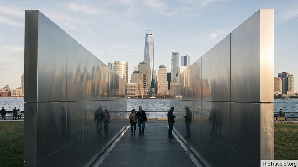 Empty Sky Memorial stainless-steel walls in Liberty State Park framing the Hudson River and Lower Manhattan skyline at sunset