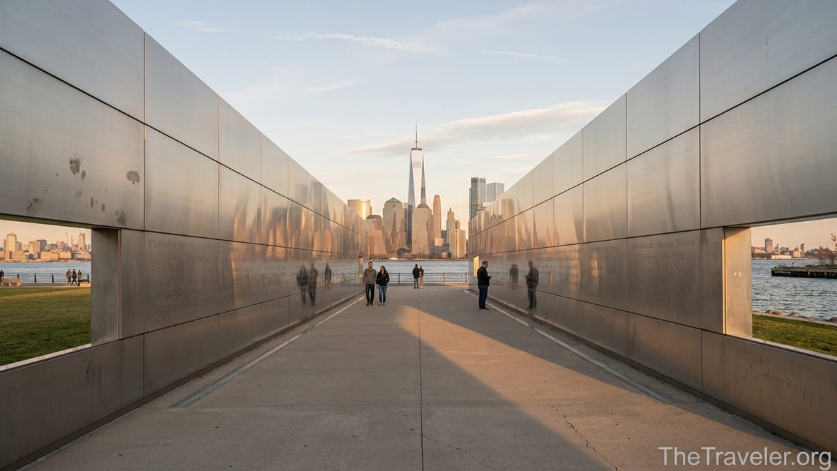 View through the Empty Sky Memorial corridor toward the Lower Manhattan skyline at sunset.