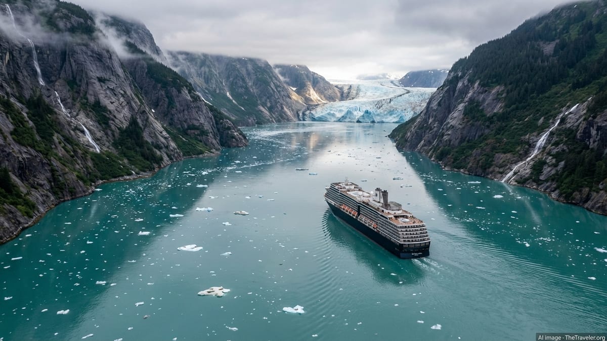Cruise ship sailing through icy Endicott Arm toward Dawes Glacier in Alaska