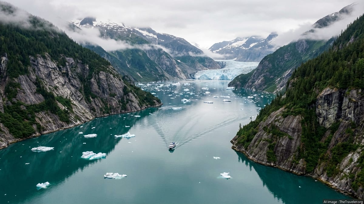 Glacier-carved Endicott Arm fjord in Alaska with icebergs, cliffs, and a tour boat.