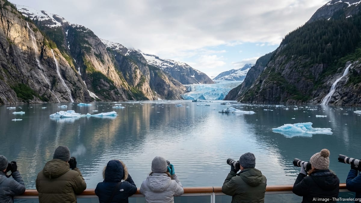 Cruise ship passengers viewing ice-filled Endicott Arm fjord and distant Dawes Glacier on a cool Alaska morning.