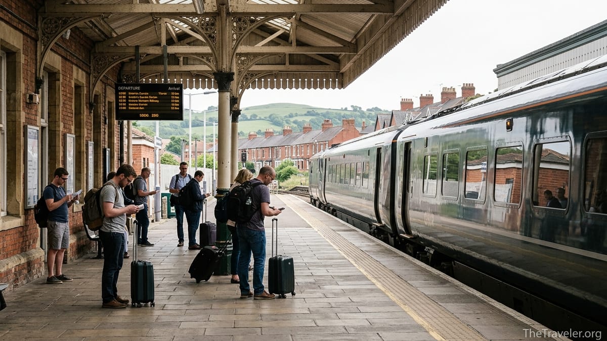 Modern intercity train arriving at a historic English station with travelers waiting on the platform.