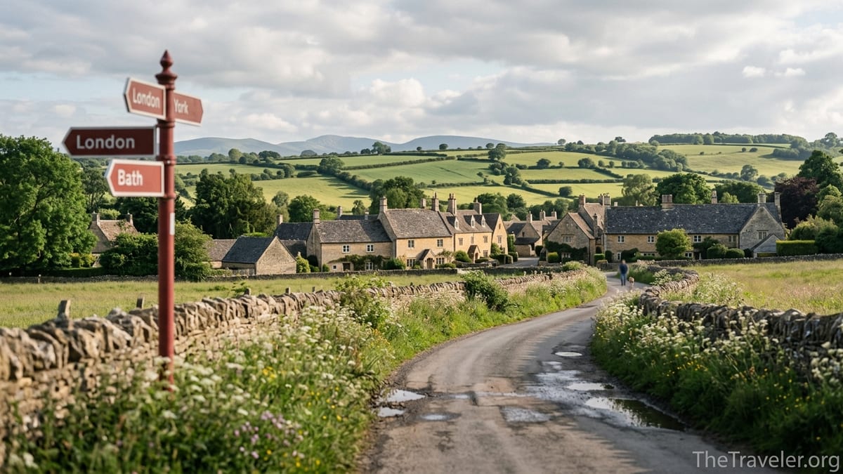 Cotswolds lane leading to a stone village with rolling green English hills in late afternoon light.