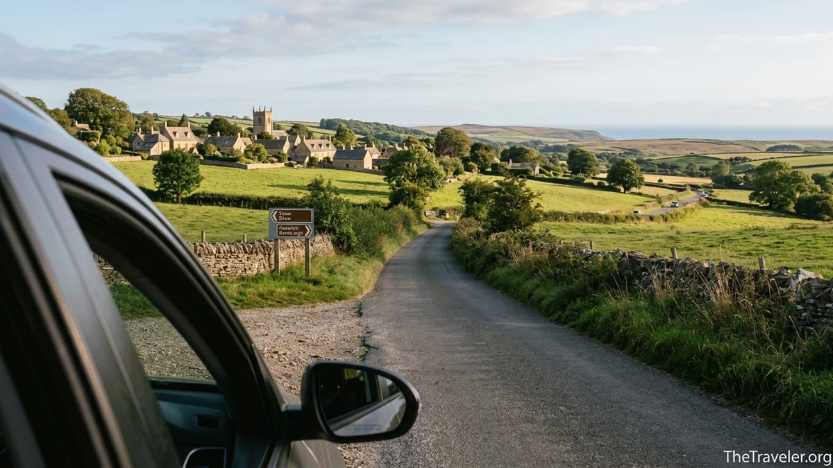 Narrow English country lane curving past stone walls toward a village and distant sea under soft afternoon light.