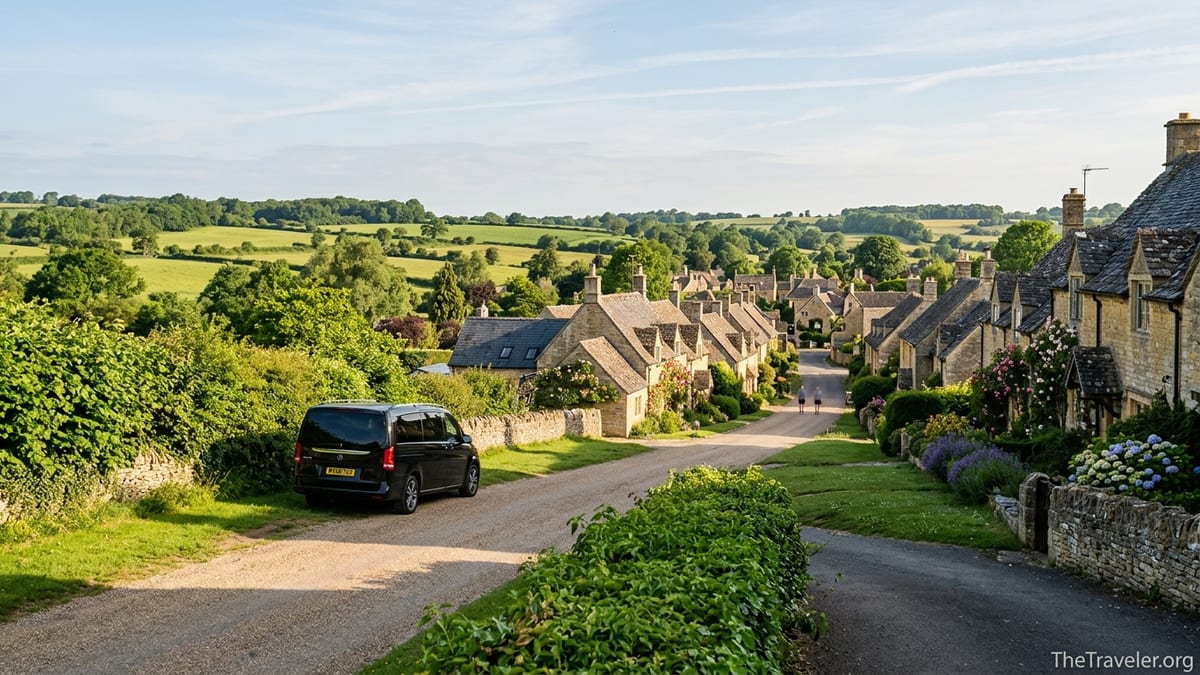 Cotswold stone cottages and a touring van on a quiet country lane in rural England.