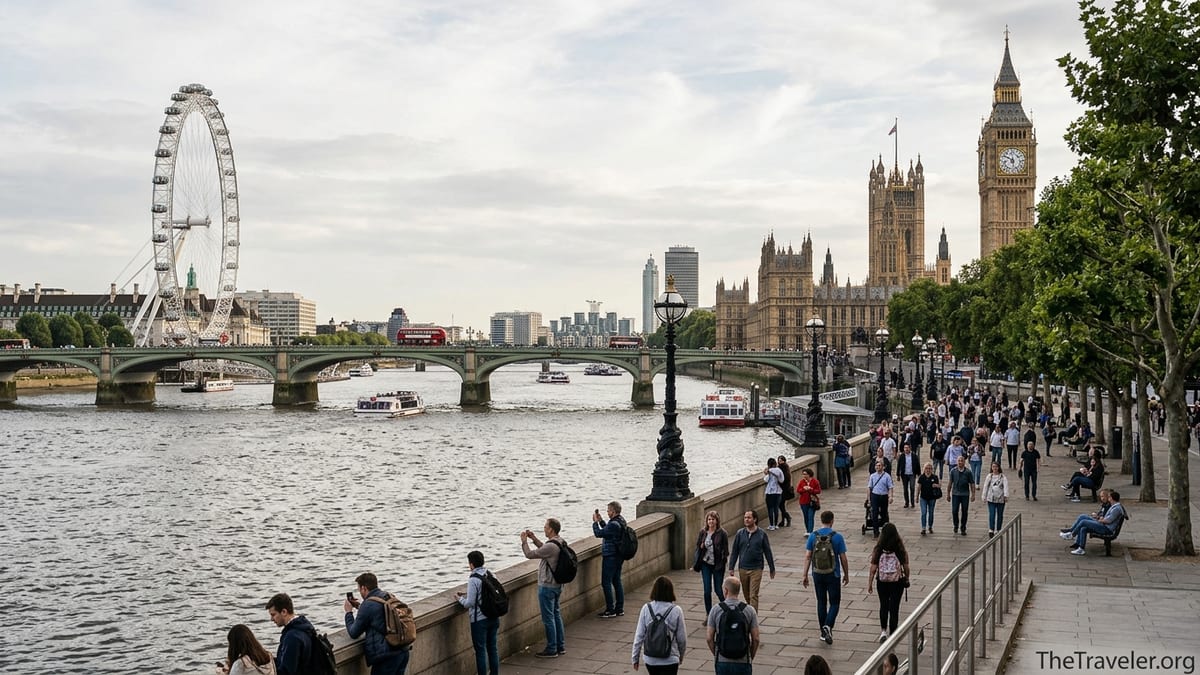 View of Westminster Bridge, Big Ben and the Thames with pedestrians and a red bus at sunset.