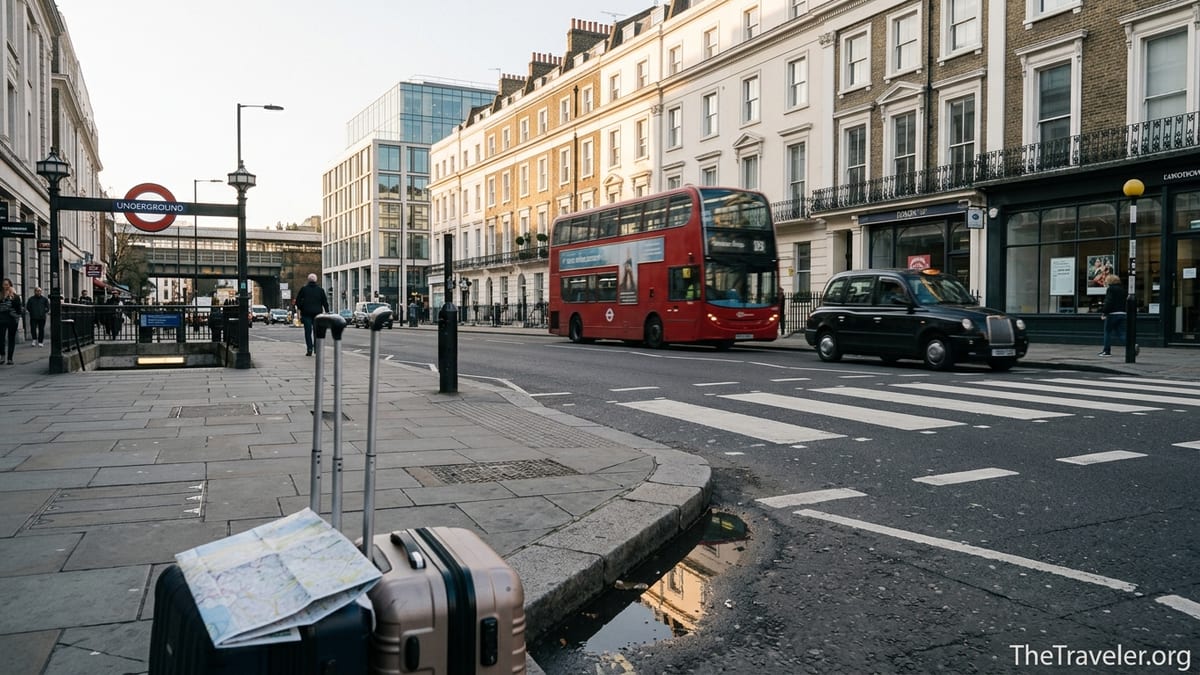 Travelers with luggage on a London street near a bus, taxi and Underground sign at sunset.