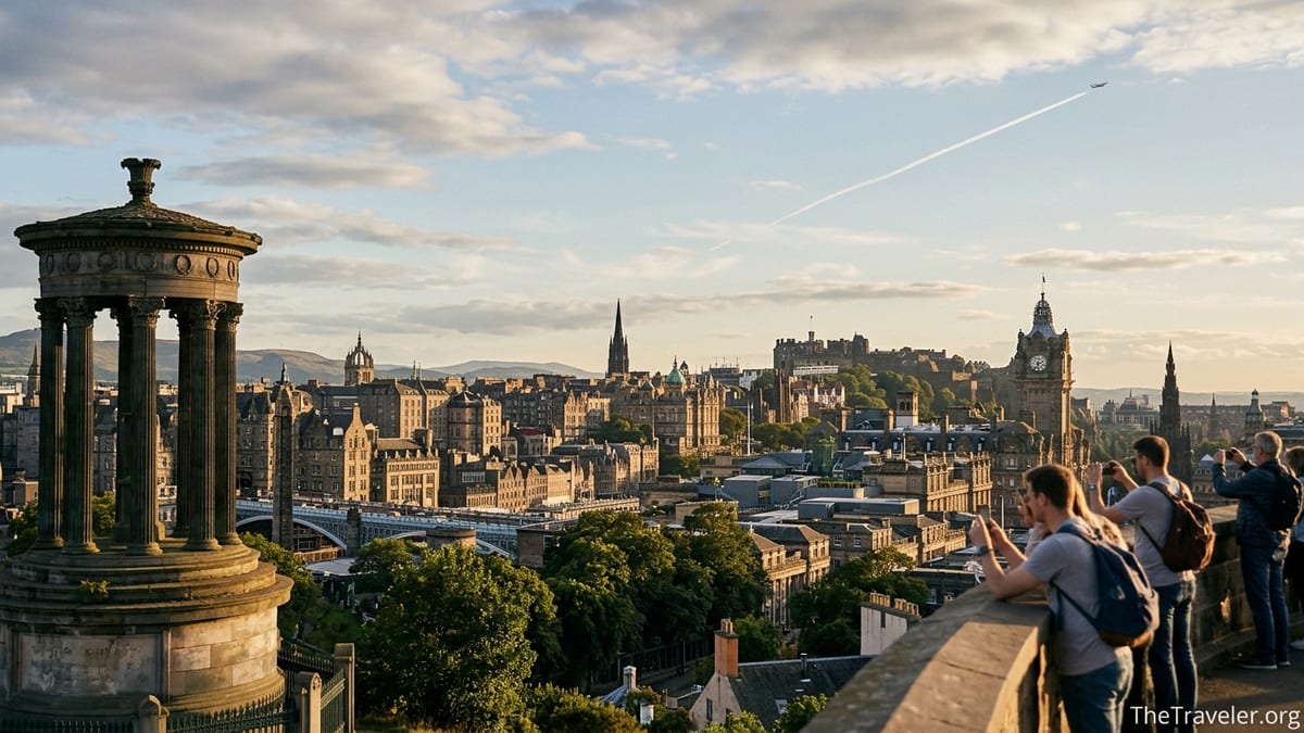 Golden hour view over Edinburgh skyline from Calton Hill with castle and stone rooftops.