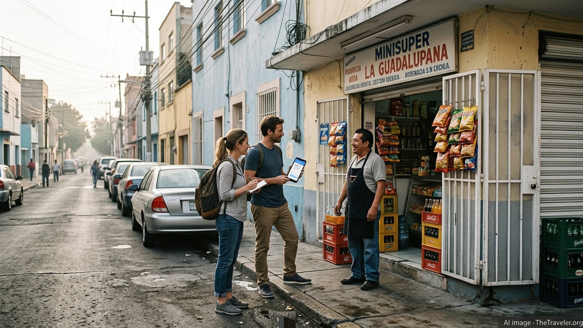 Foreign couple using a phone translator to talk with a shop owner on a Mexico City street.