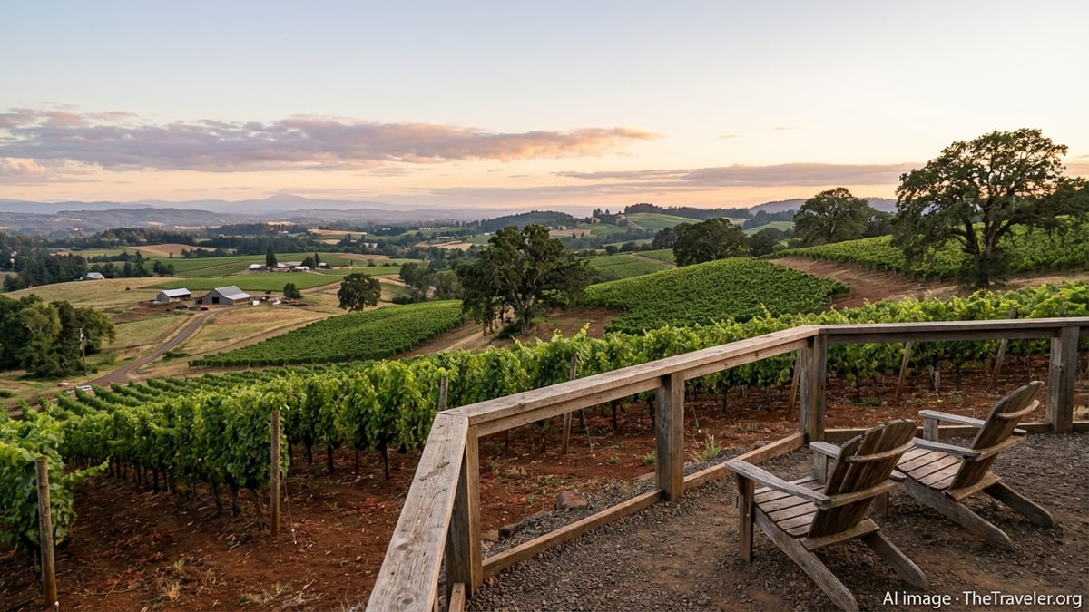 Golden hour view over vineyard-covered hills in Oregon’s Eola-Amity Hills AVA.