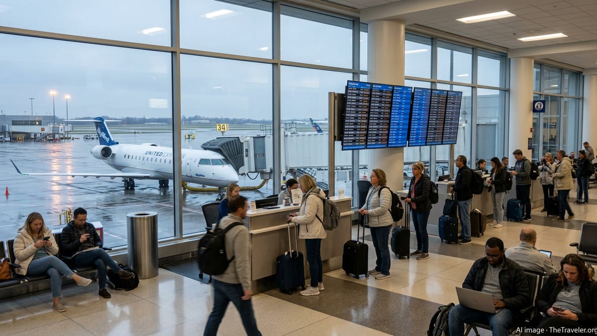 Passengers at Omaha Eppley Airfield check departure boards as a regional jet waits at the gate.