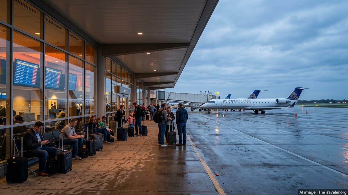 Travelers outside Omaha’s Eppley Airfield as United Express regional jets sit idle at wet gates under a cloudy evening sky.