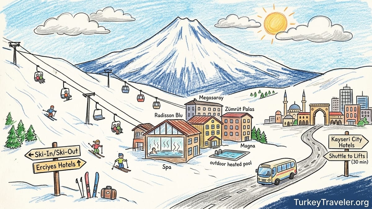 Ski-in ski resort hotels at the base of snow-covered Mount Erciyes on a clear winter afternoon.