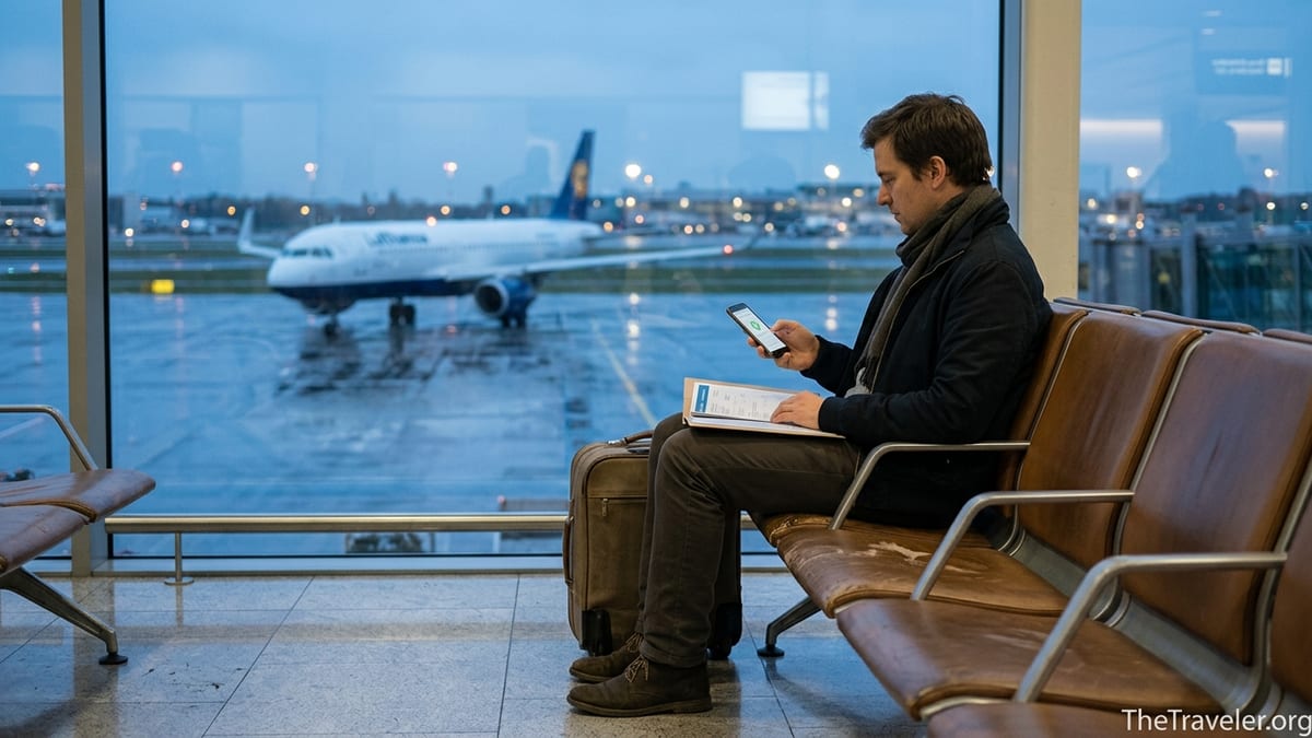 Traveler at an airport reading ERGO travel insurance approval on phone at dusk.