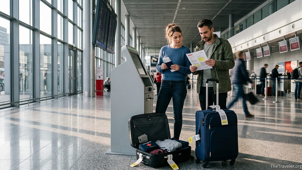 Couple reviewing ERGO travel insurance documents at an airport check-in kiosk.