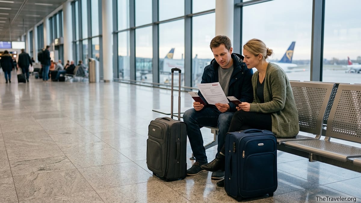 Couple at an airport bench reviewing ERGO travel insurance documents before a flight.