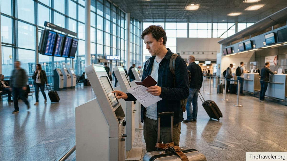 Traveler hesitating over a travel insurance document at a busy European airport check-in area.