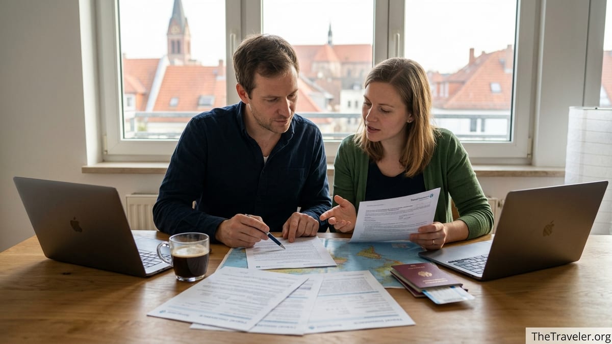 Couple at home comparing travel insurance documents before a trip.