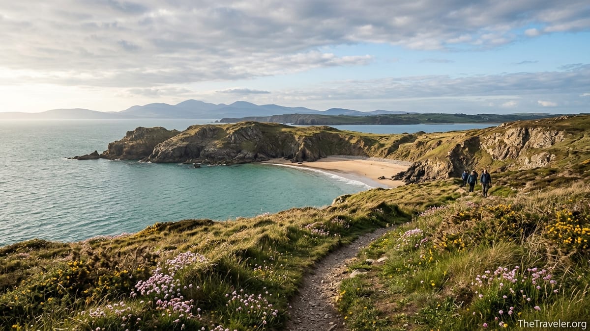 View from a Welsh clifftop path over a sandy bay with distant mountains at sunset.