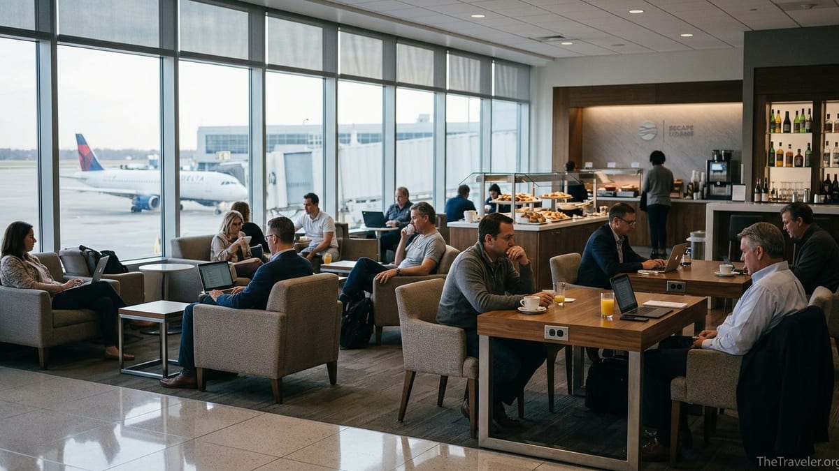 Travelers walking past the glass entrance of an Escape Lounge in a modern U.S. airport terminal.