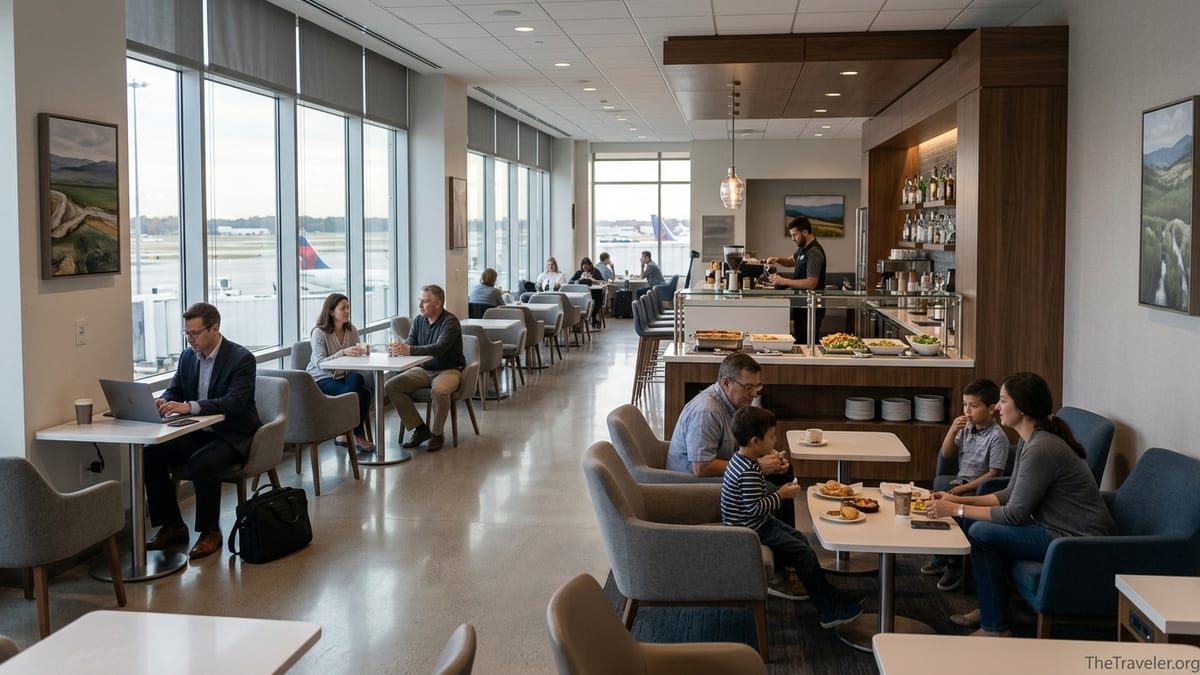 Travelers relaxing in a modern Escape airport lounge overlooking the runway.
