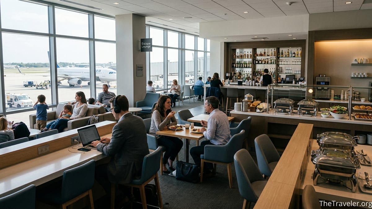Travelers relaxing and working inside a bright Escape Lounge at a US airport with planes visible through large windows.