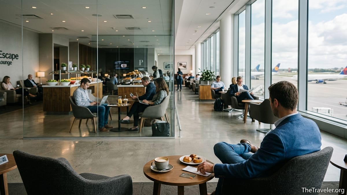Travelers relaxing and working in a modern airport lounge with runway views.