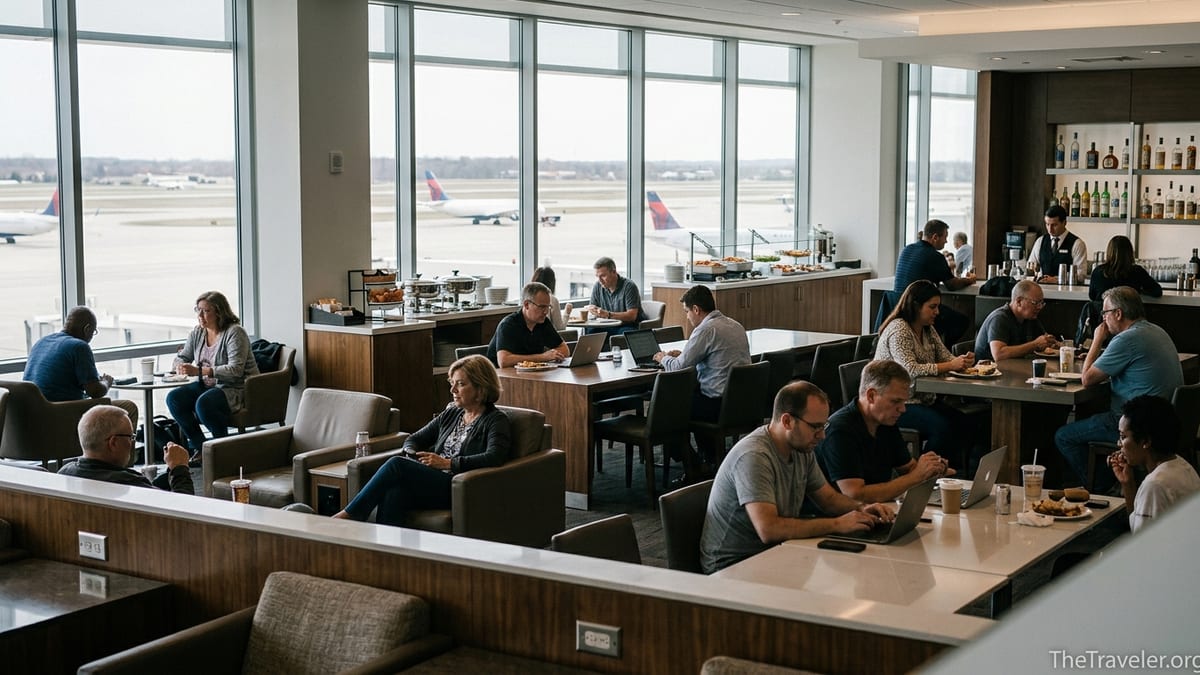 Travelers relaxing with food and laptops inside a bright Escape airport lounge.