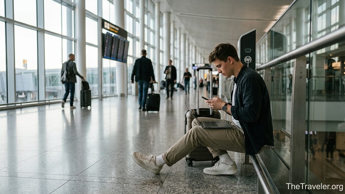 Traveler in an airport lounge setting up mobile eSIM on a smartphone.