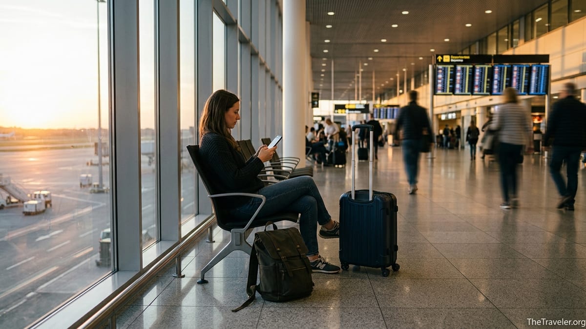 Traveler in airport at sunset checking phone for eSIM connectivity before a flight.