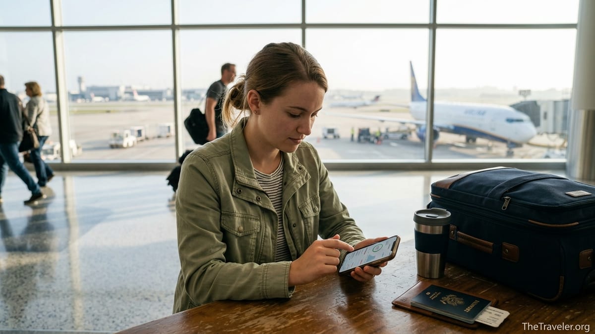 Traveler in airport lounge checking eSIM data on phone before international flight.