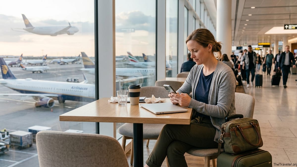 Traveler in an airport lounge configuring an eSIM on a smartphone before a flight.