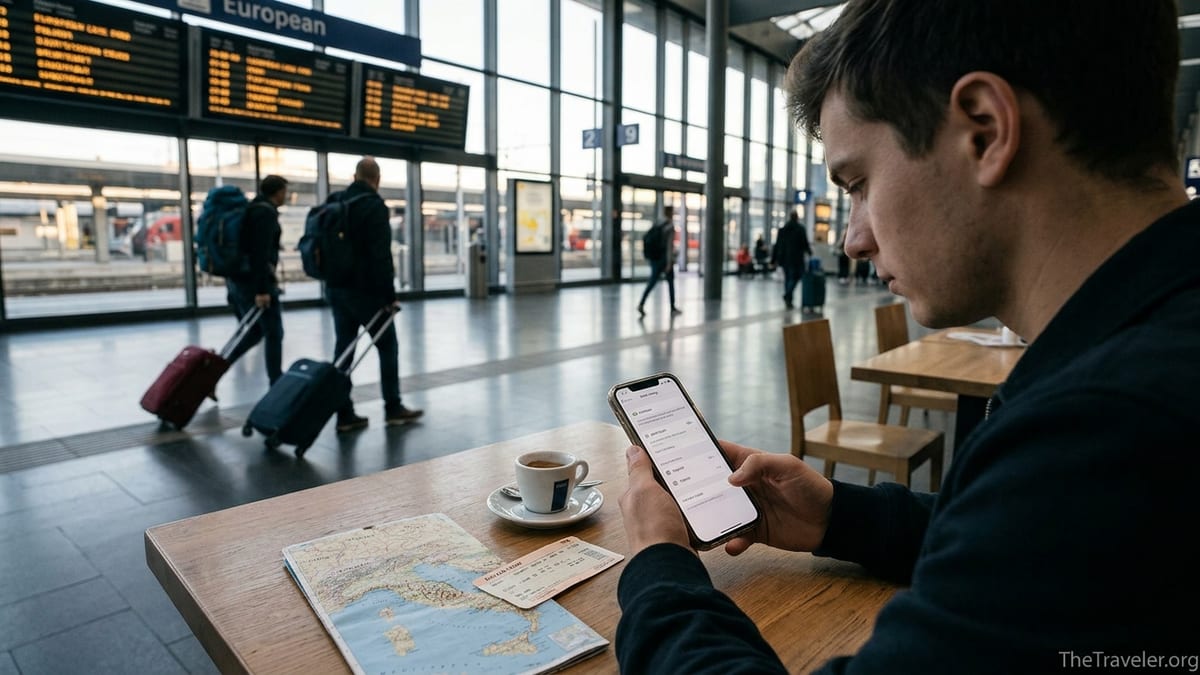 Traveler using a smartphone with a travel eSIM in a busy European train station café.