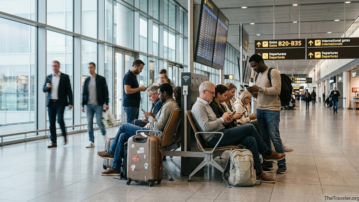Travelers in a European airport using smartphones to manage eSIM data before a flight.