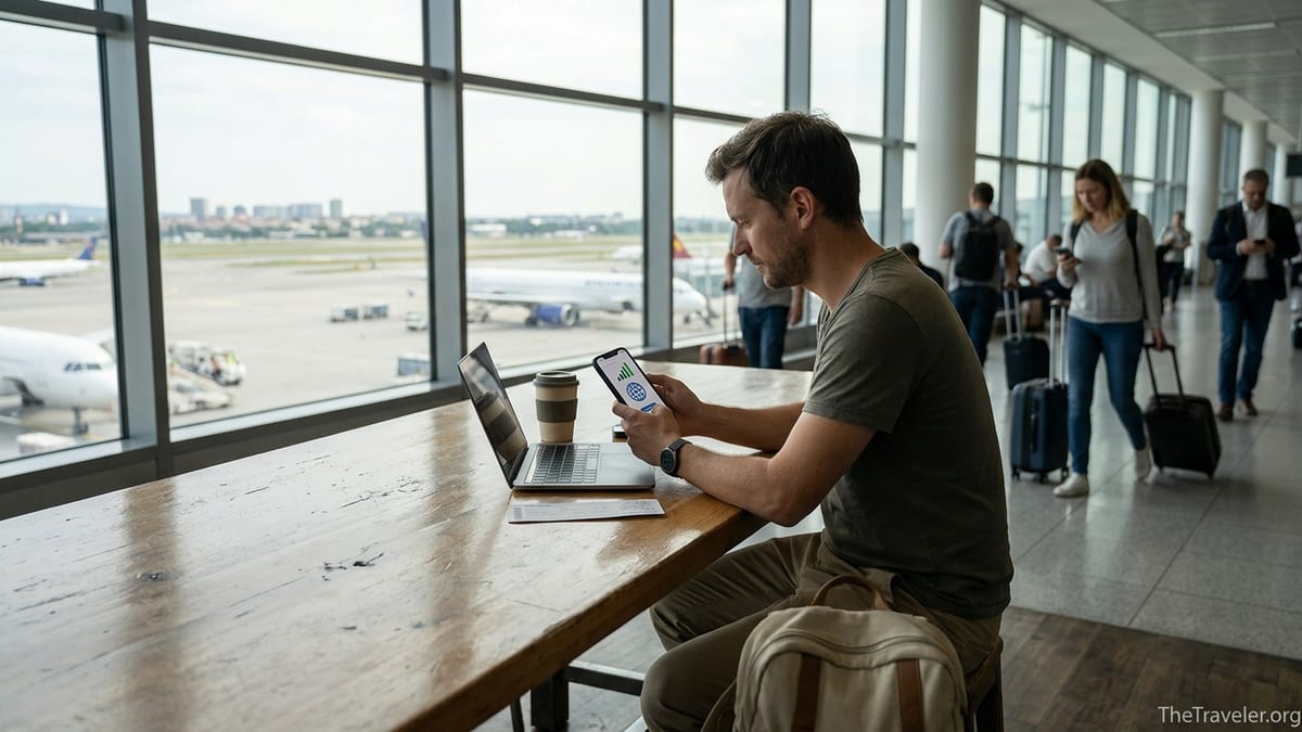 Traveler setting up an eSIM on a smartphone in a bright airport lounge.