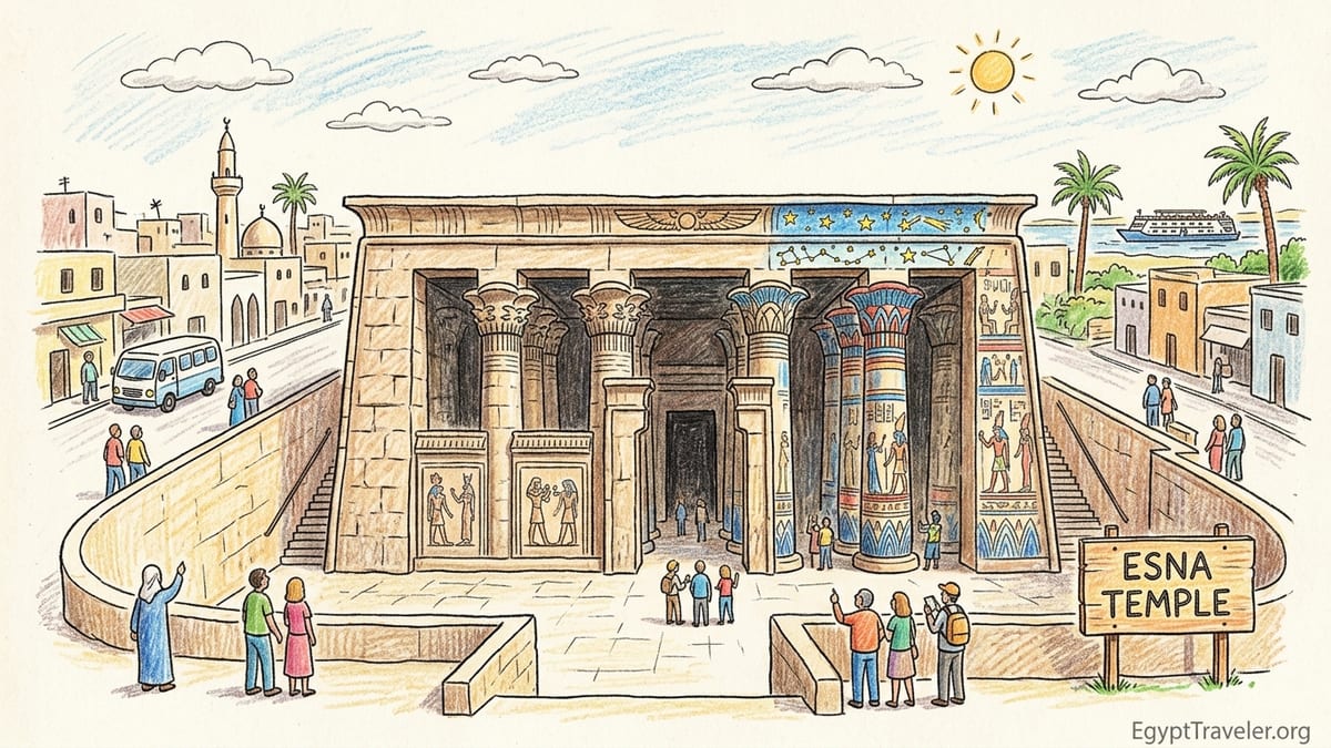 Sunken Temple of Khnum at Esna with restored painted columns below the modern town square.