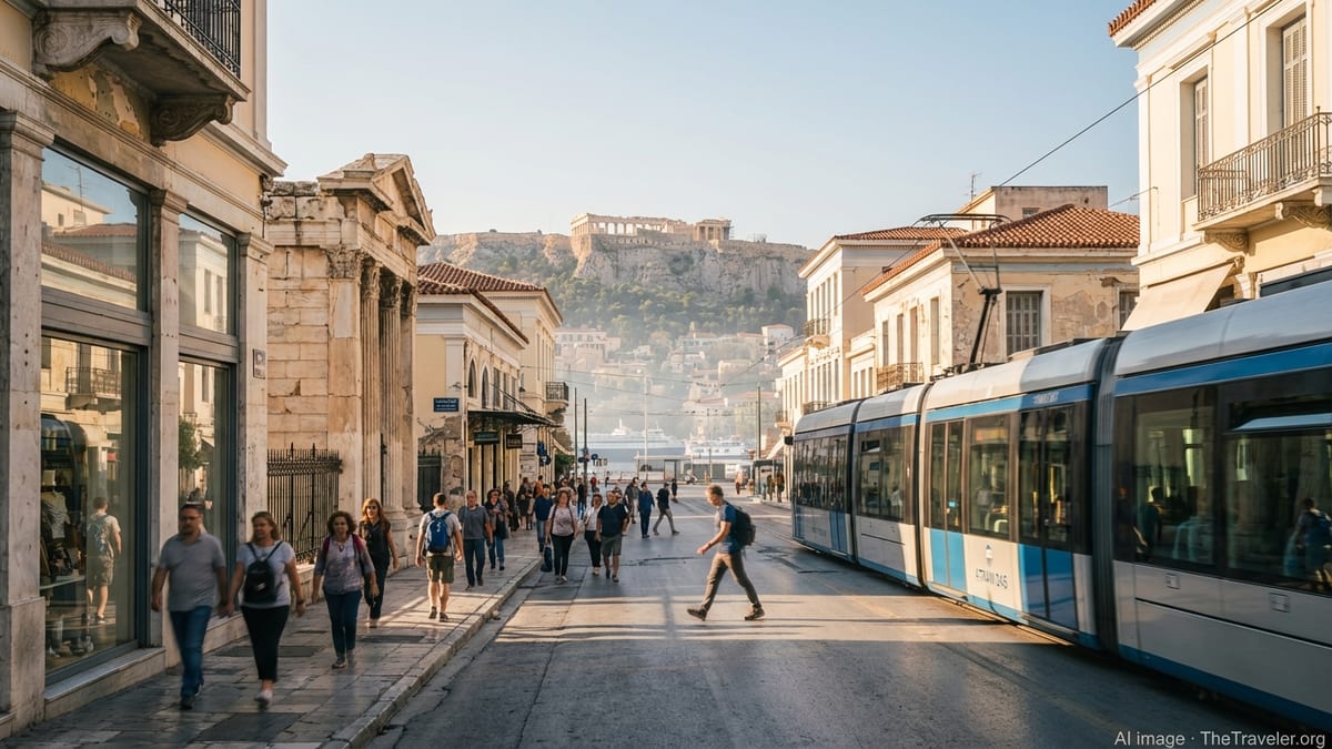 Morning street scene in Athens with tram, pedestrians and distant Acropolis hill.