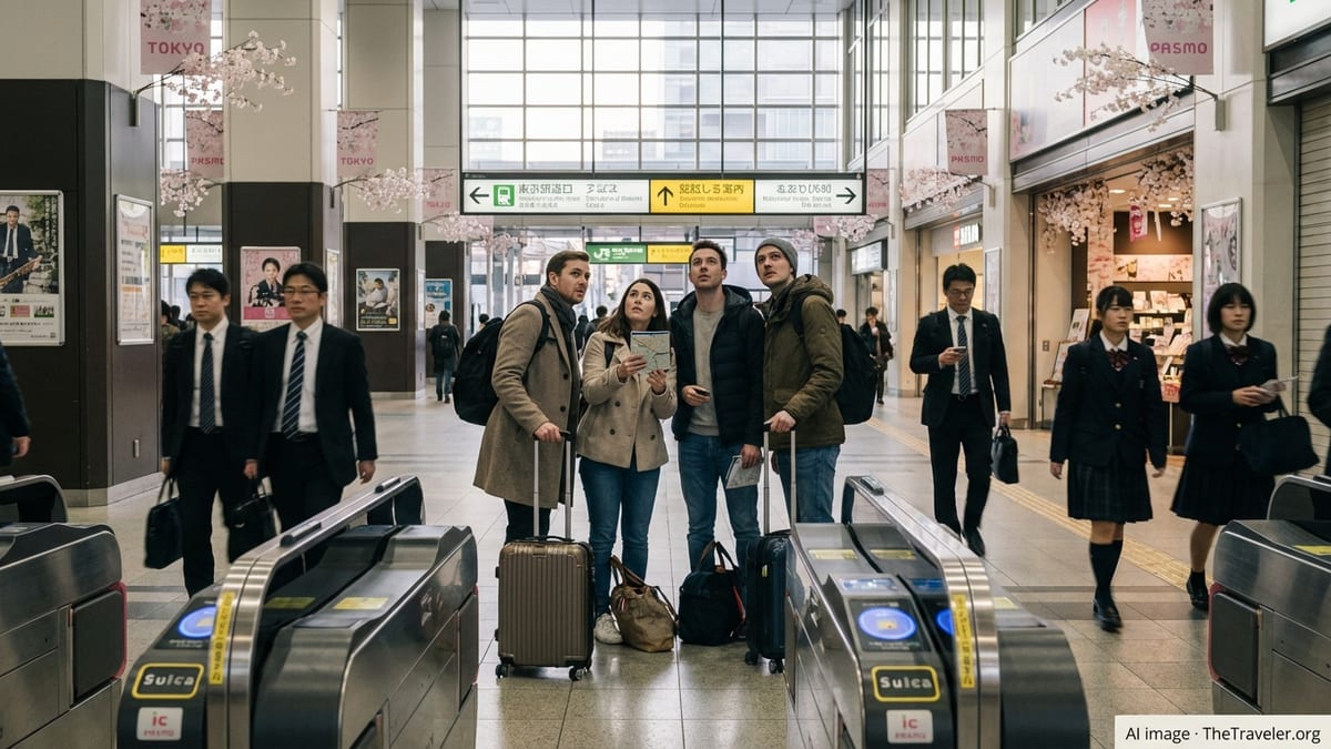 Travelers check directions inside a busy Tokyo train station with IC card gates.