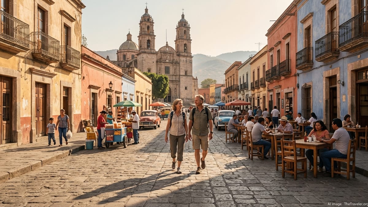First-time visitors walking through a sunlit Mexican colonial plaza at golden hour.