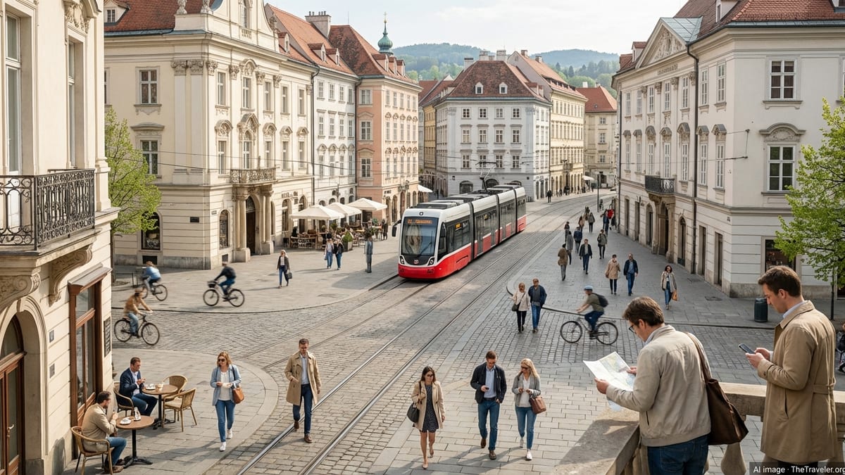 Central Vienna square with tram, historic buildings and pedestrians on a sunny day.