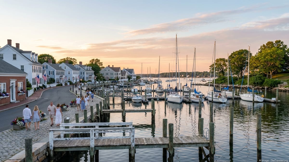 Summer evening view of a Connecticut coastal harbor with sailboats, historic houses, and a golden sky.